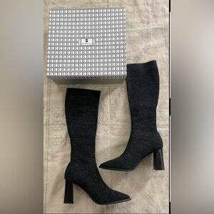 Size 8 NEW Women’s Newbella Black Silver Knit Sock Boots Pointy Toe Chunky Heel